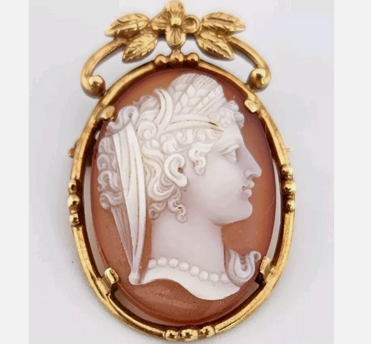 Antique F&F Felger 14K Gold Carved Agate Cameo Goddess Brooch