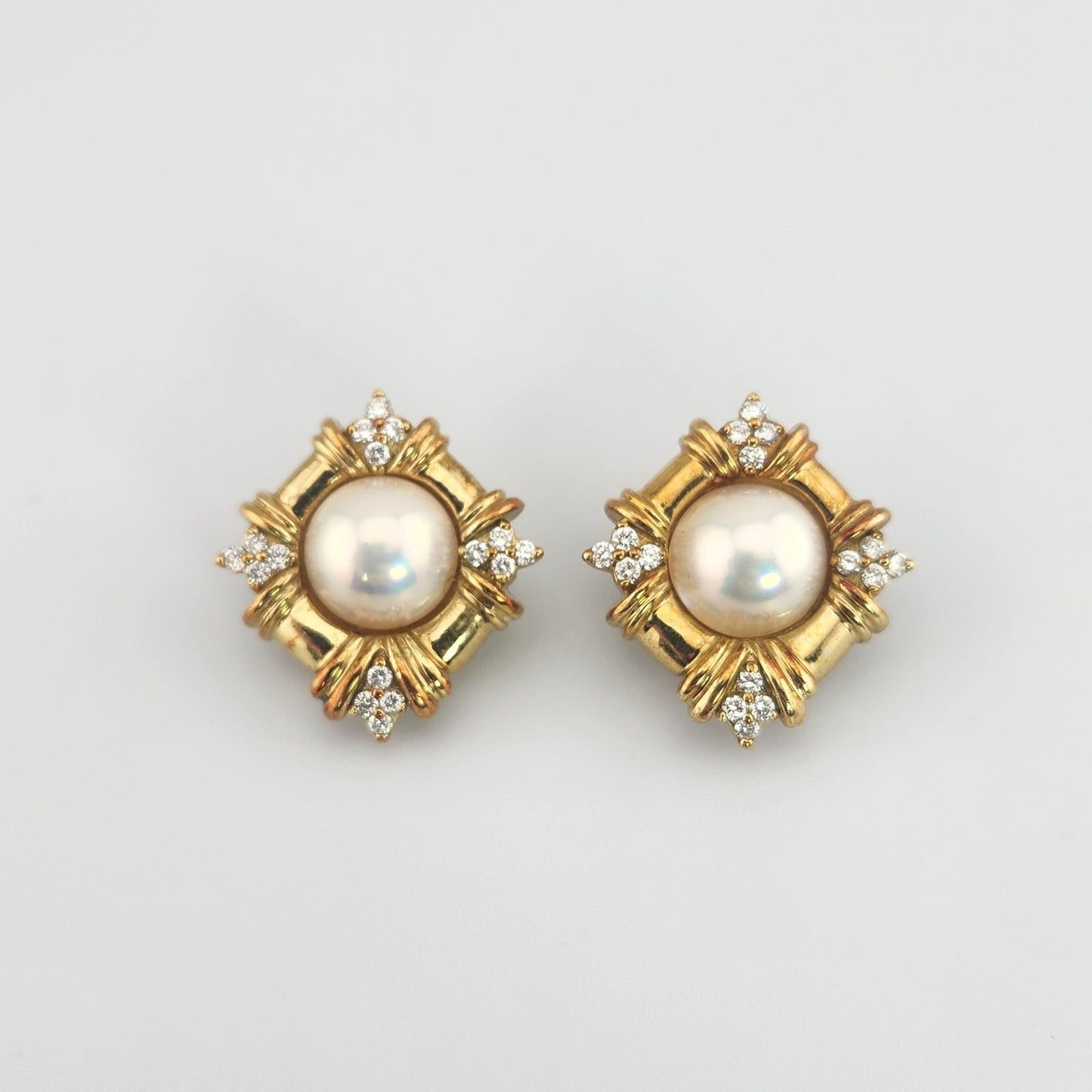 18k Yellow Gold Mabe Pearl Diamond Clip Earrings