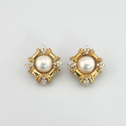 18k Yellow Gold Mabe Pearl Diamond Clip Earrings