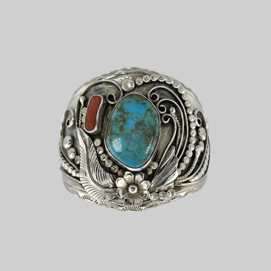 Vintage Navajo Sterling Silver 6.5" Turquoise Coral Cuff Bracelet