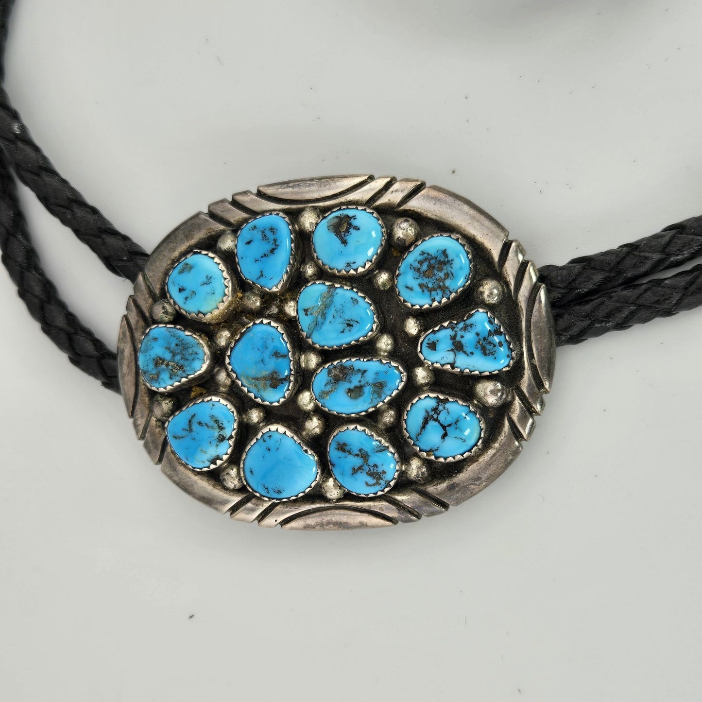 Vintage Navajo Spencer Sterling Silver Turquoise Cluster Bolo Tie