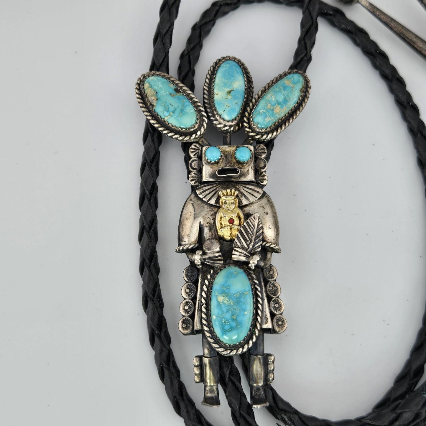 Vintage Navajo John Larson Sterling Silver Turquoise Kachina Bolo Tie Leather