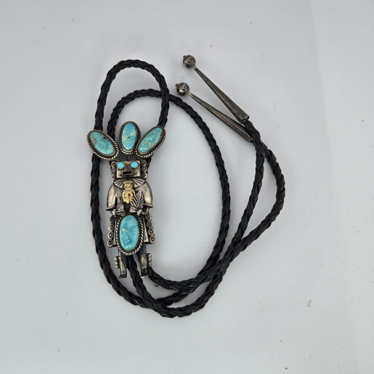 Vintage Navajo John Larson Sterling Silver Turquoise Kachina Bolo Tie Leather