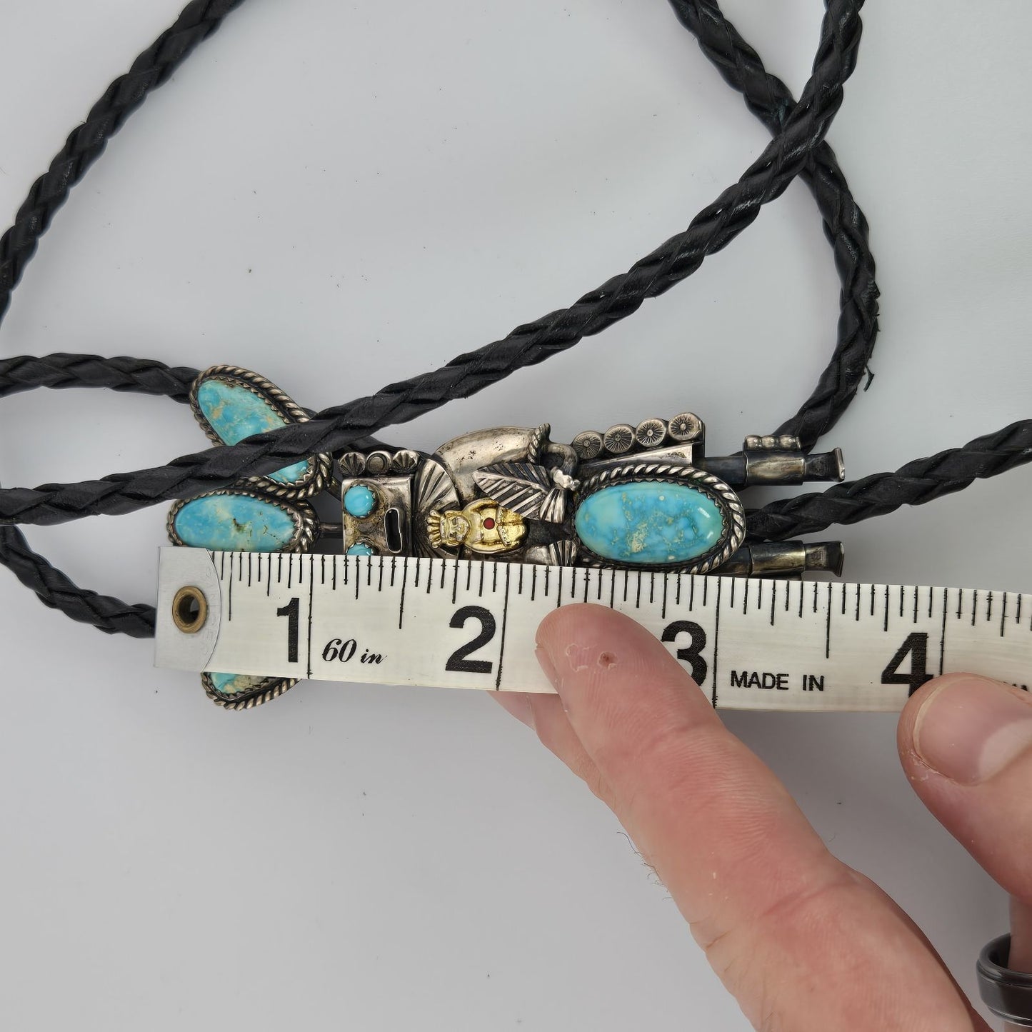 Vintage Navajo John Larson Sterling Silver Turquoise Kachina Bolo Tie Leather