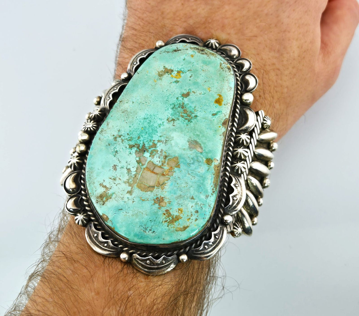 Navajo Henry Sam Sterling Silver Turquoise Cuff Bracelet Huge! 7"