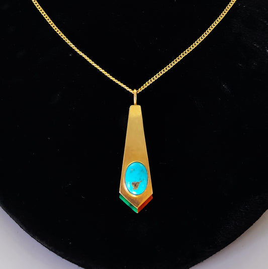 14K Tim Bedah Navajo Turquoise Coral Pendant Necklace 18" 7g