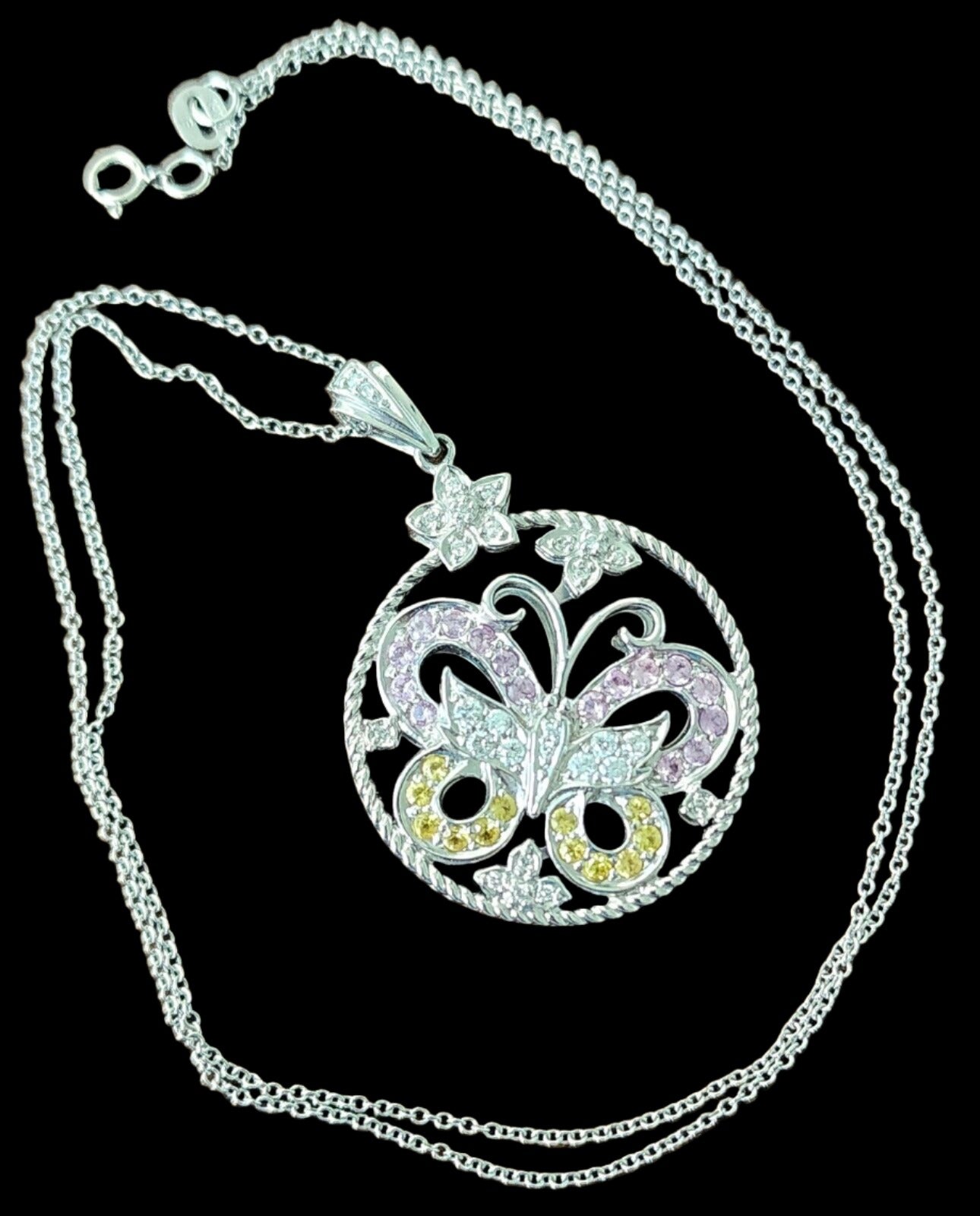 14k White Gold Diamonds Yellow And Pink Sapphires Butterfly Pendant Necklace 18"