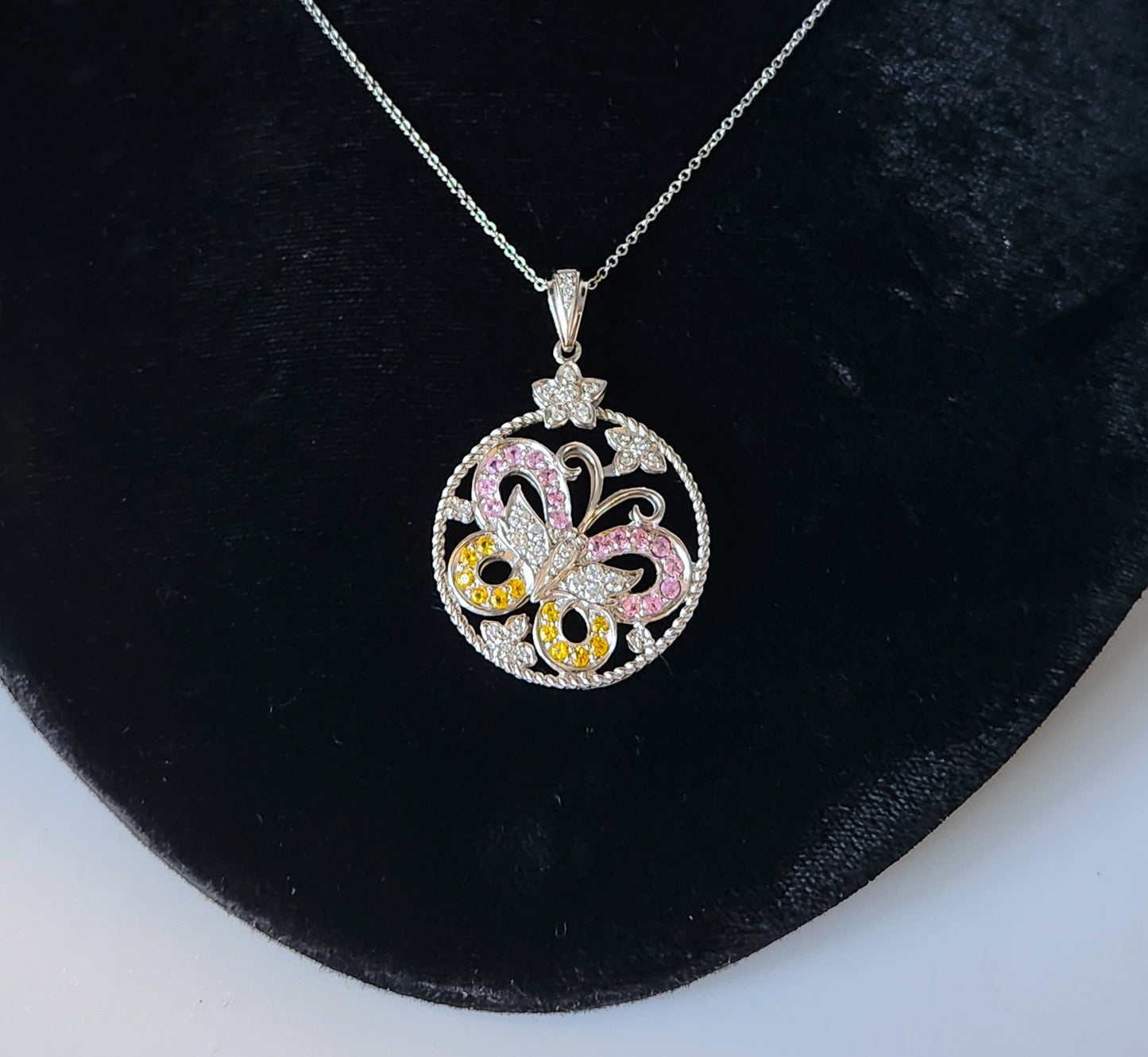 14k White Gold Diamonds Yellow And Pink Sapphires Butterfly Pendant Necklace 18"