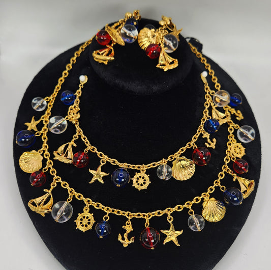 Trifari Gold Tone Nautical Sea Theme Charm Necklace 16" Bracelet Earring Set